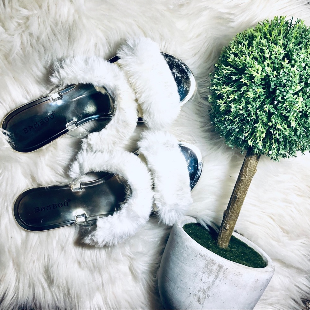 White Fuzzy Faux Fur Two Strap Slides Slippers - image 1